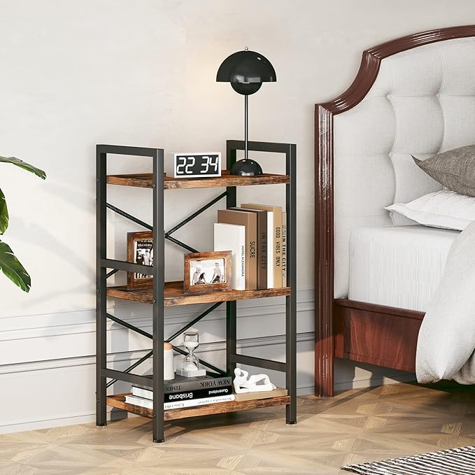 Homeiju Bookshelf, 3 Tier Industrial Bookcase, Metal Small Bookcase, Rustic Etagere Book Shelf Storage Organizer for Living Room, Bedroom, and Home Office(Rustic Brown) Patent Pending D29873033