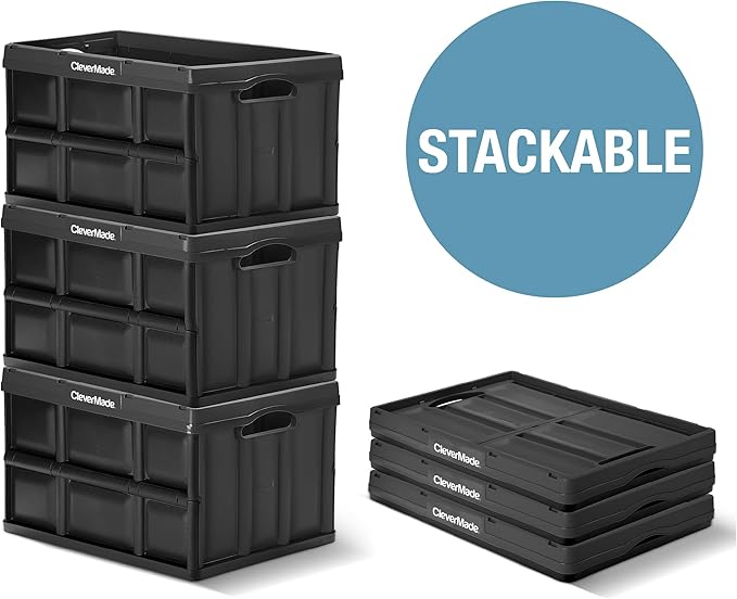 CleverMade Collapsible Storage Bins - Royal Blue 3 Pack 46L - Stackable Containers Heavy Duty Capacity Folding Crates - Space-Saving for Home