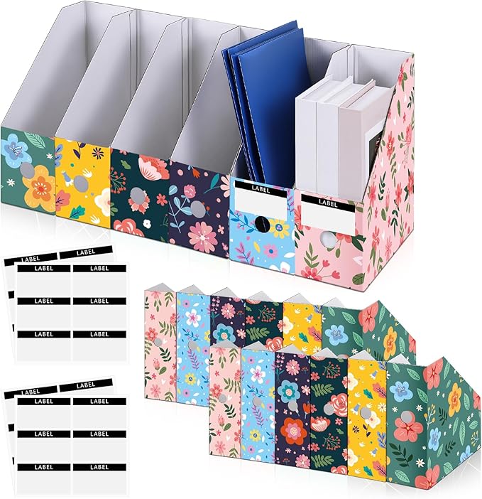 PerKoop 12 Pcs Magazine File Holder Foldable Decorative Cardboard File Folders 6 Patterns Floral Colored Magazine Rack with Printable Sticker Labels for School Office Home Desk (Flower Design)