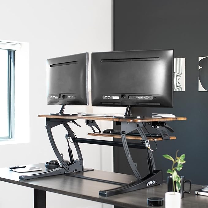 VIVO 36 inch Height Adjustable Stand Up Desk Converter, V Series, Quick Sit to Stand Tabletop Dual Monitor Riser Workstation, Rustic Vintage Brown Top, Black Frame, DESK-V000VN