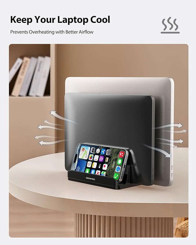 AboveTEK Vertical Laptop Stand Holder, 3 Slots Aluminum Desk Stand with Adjustable Dock Size for Tablet, MacBook, Phone - Universal Fit (up to 17.3") - Heavy Duty Polished, Anti Slide - Black