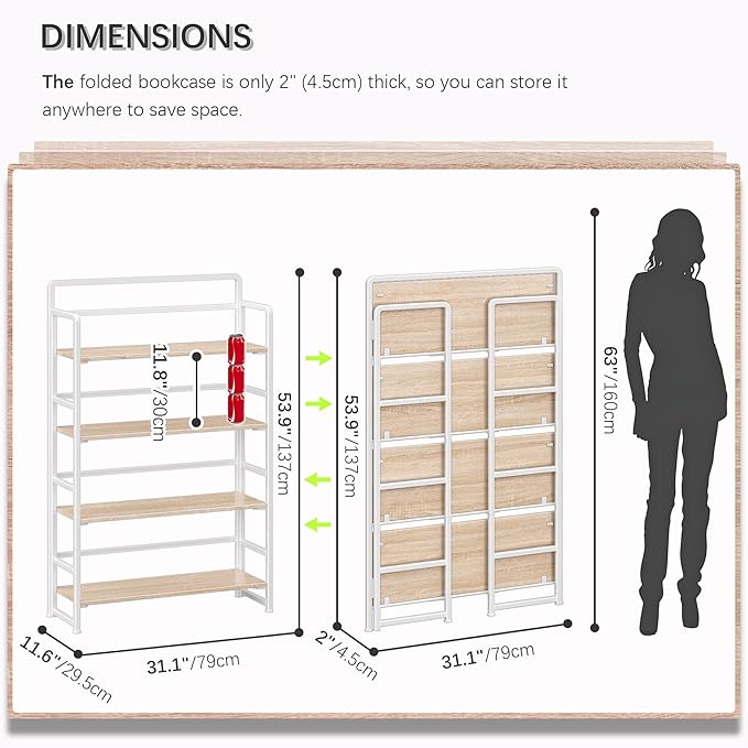 4NM No Assembly Extra Wide 4 Tiers Folding Bookshelf Storage Shelves Vintage Bookcase Standing Racks Study Organizer Home Office (Natural White)