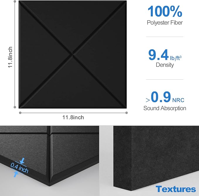 Sonicism 22 Pack X-Lined Acoustic Panels with Self-Adhesive, 12"X 12"X 0.4" Sound Proof Foam Panels, Decorative Soundproof Wall Panels, Sound Absorbing Tile for Home & Offices, Black