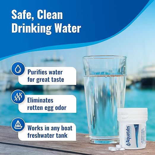 Aquatabs Water Purification Tablets for Drinking - 100 Tablets + 2 Chlorine Test Strips - Water Purifier Starter Kit - for Boat and RV Tanks - by Aquamarine Water Solutions