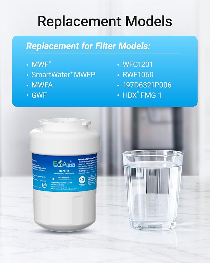 EcoAqua EFF-6013A Replacement Filter, Compatible with GE MWF SmartWater, MWFA, MWFP, GWF, GWFA, 46-9991, HDX FMG-1, WFC1201, GSE25GSHECSS, PC75009, RWF1060 Refrigerator Water Filter, 3 Pack | Replacement for SmartWater, MWFA, MWFA, GWF, 46-9991, HDX FM...