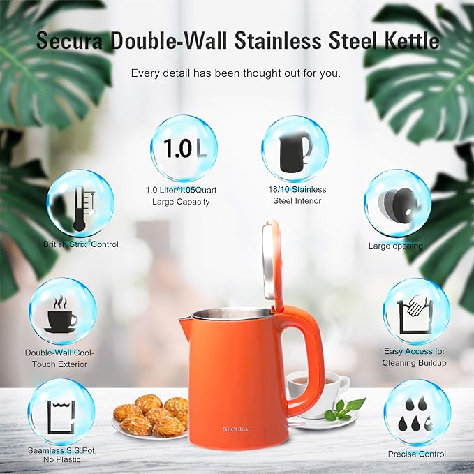 Secura Stainless Steel Double Wall Electric Kettle Water Heater for Tea Coffee w/Auto Shut-Off and Boil-Dry Protection, 1.0L (Orange) SWK-1001DO/HB-K012