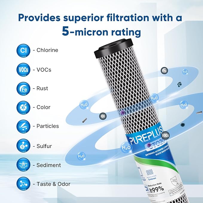PUREPLUS 5 Micron 20" x 2.5" Whole House CTO Carbon Sediment Water Filter Cartridge Compatible with C1-20, EP-20, HX-CB-25-2010, F3WCB32, Pack of 1