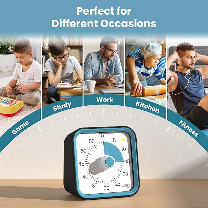 Visual Timer for Kids with Pause Function, 60 Minute Countdown Timer for Kids Desk Study, Teaching, Kitchen Cooking, Office Meetings, Time Management for ADHD (Black)
