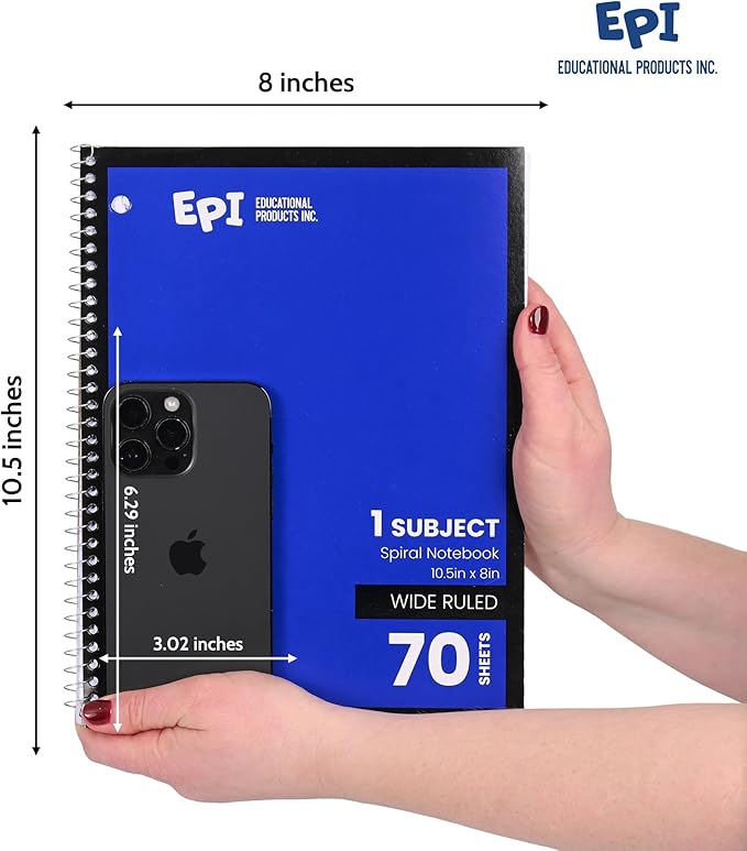 EPI Spiral Notebook | Wide - 70 Sheets, Durable Spiral Binding | 10.5 x 8 in | Classroom Supplies | School, Office, Note Taking, Journaling - 6 Pack