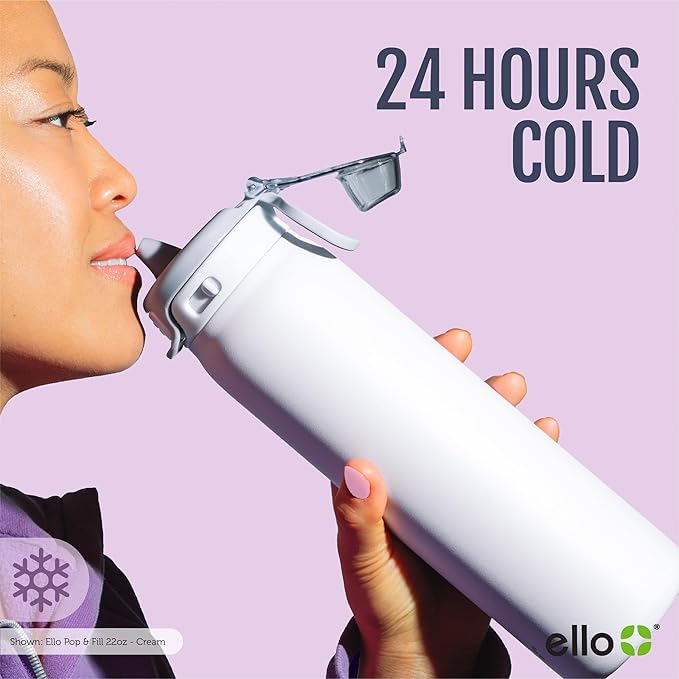 Ello Pop & Fill 22oz Stainless Steel Water Bottle with QuickFill Technology, Double Walled and Vacuum Insulated Metal, Leak Proof Locking Lid, Straw and Chug, Reusable, BPA Free, Take a Bow