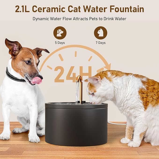 DOOOB Ceramic Cat Water Fountain, 2.1L/71oz Ceramic Cat Fountain, Automatic Ceramic Water Fountain for Cats, Pet Water Fountain with Ultra-Quiet Pump and 3 Filters & 3 Sponges (Black)