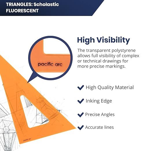 Pacific Arc's Scholastic Triangle - 4 inch - Fluorescent - 30/60 Angle - Polystyrene - Inking Edge - Technical Drawing Tools, Drafting, Architect and Engineering.