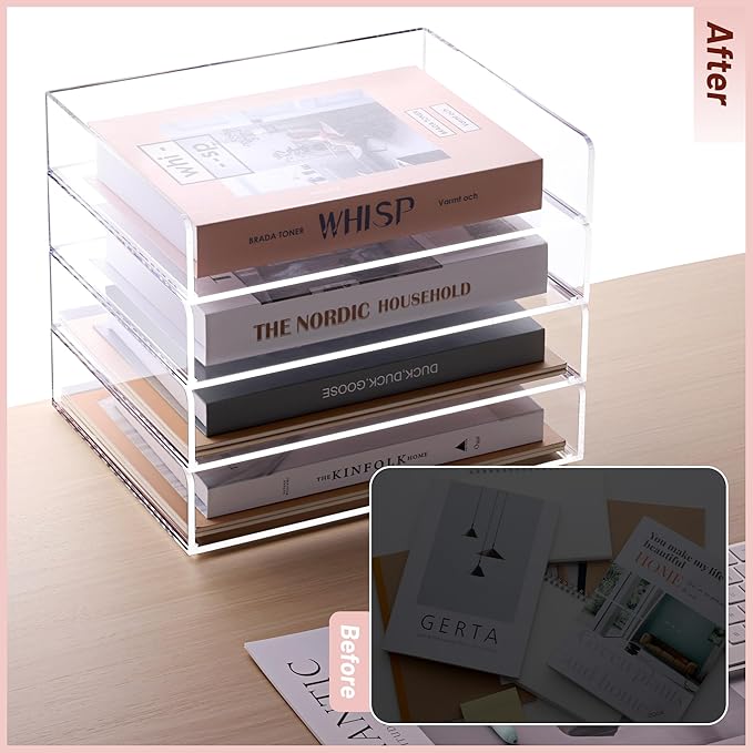 SANRUI Acrylic Stackable Letter Tray Clear Desk Paper Organizer 4-Tier Desk File Organizer Paper Sorter Holder Document Shelf Tray for Letter/A4,4-Pack