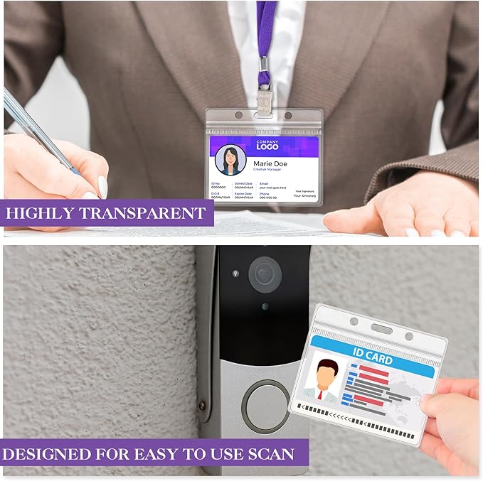 Marspark 50 Sets Clear Name Tags with Lanyard, Lanyards for ID Badges Reusable Strap with ID Holder Plastic Name Badges for Adults Business School Church Conference (Purple)