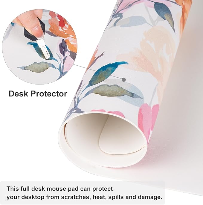 QIYI Floral Mouse Pad, Watercolor Flowers Desk Mat for Desktop, Women Girls Office Décor Accessories, PU Leather Waterproof Gaming Mousepad, Pink Yellow Peonies Desk Pad Computer Mat, 31.5" x 11.8"