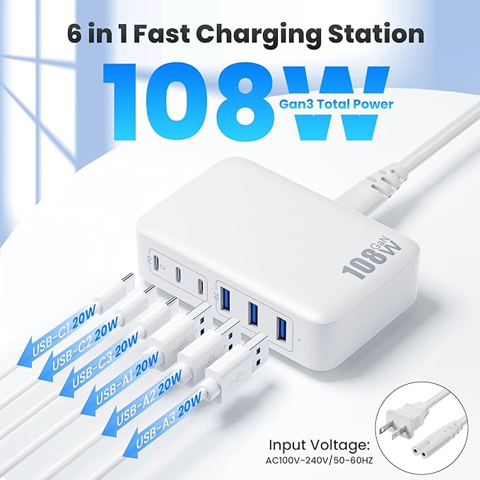 USB C Charger Block Charging Station,108W GaN III 6 Port 3xQC+3xPD Wall Charger Adapter Plug Cube,Super Fast Type C Charging Hub Box for iPhone 17 16 15 14 13 Pro Max iPad Samsung Pixel 5ft Cord-White