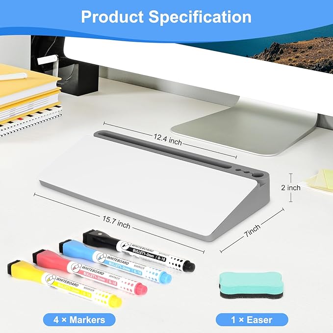 Desktop Glass Whiteboard with Storage, Grey Desk Dry Erase White Board with Computer Keyboard Stand, Desk Organizers and Accessories with Removable Cubicles for Office, Home, College, School