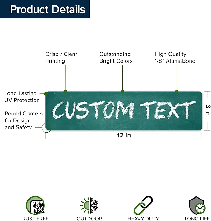 Custom Sign, Custom Street Sign, 11 Font Colors, 13 Font Styles, 4 Hole Options, 22 Sizes, 3x12 Inches, Rust Free DiBound, Fade Resistant, Made in USA by My Sign Center (Chalkboard Green)