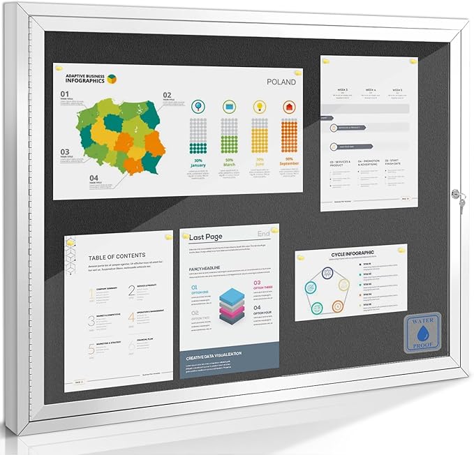 SWANCROWN Enclosed Bulletin Board Weatherproof 37x28in, Outdoor Lockable Bulletin Board Wall Display Case for Office School Commerce, Black Felt, Sliver Aluminum Frame (8xA4)