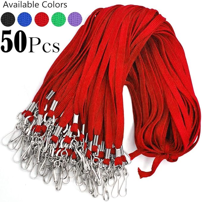 Bird Fiy® Lanyard/Badge Holder Pairs (Set of 50, Red): Woven Round Lanyard & Horizontal Sealable Waterproof Clear Plastic ID Card Name Tag Holder