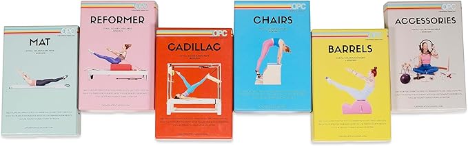 OnlinePilatesClasses Pilates Accessories Flashcards, 79 All-Levels Illustrated Cards Deck Set, Low Impact Home Fitness Workouts Guide with Postures & Routines, Workout Planner with Tips and Videos