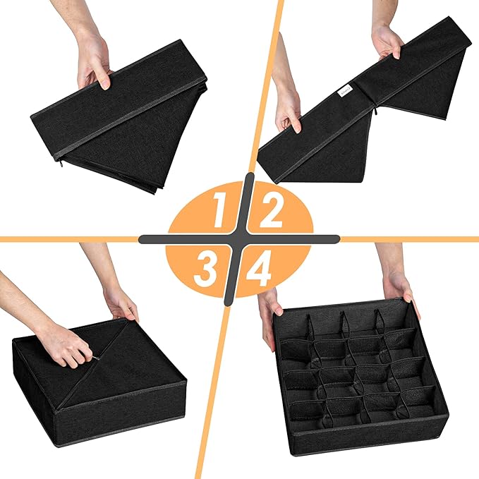 Criusia 3 Pack Sock Underwear Organizer Dividers, 64 Cell Fabric Foldable Cabinet Closet Organizers and Storage Boxes for Storing Socks, Underwear, Ties (16+24+24 Cell, Black)