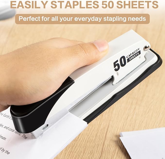 Deli Stapler Heavy Duty, Full Strip Staplers for Desk with 2000 Staples and Staple Remover, 50 Sheet Capacity, No Jam, Non-Slip Office Stapler with Staples for Office, Classroom, White
