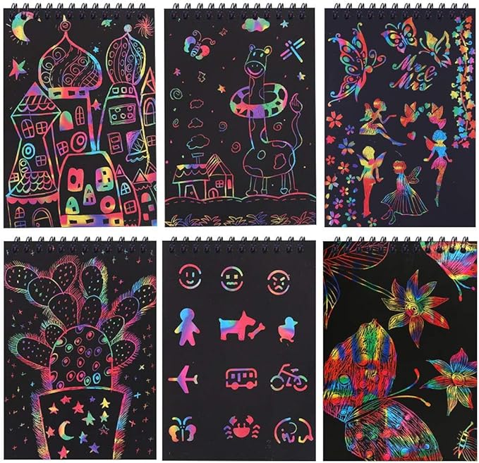 POKONBOY 16 Pack Scratch Arts and Crafts Notebooks, Scratch Note Pads for Kids Rainbow Party Favors Coloring Books for Kids Art Party Supplies Stocking Stuffers（16 Wooden Stylus & 4 Drawing Stencils）