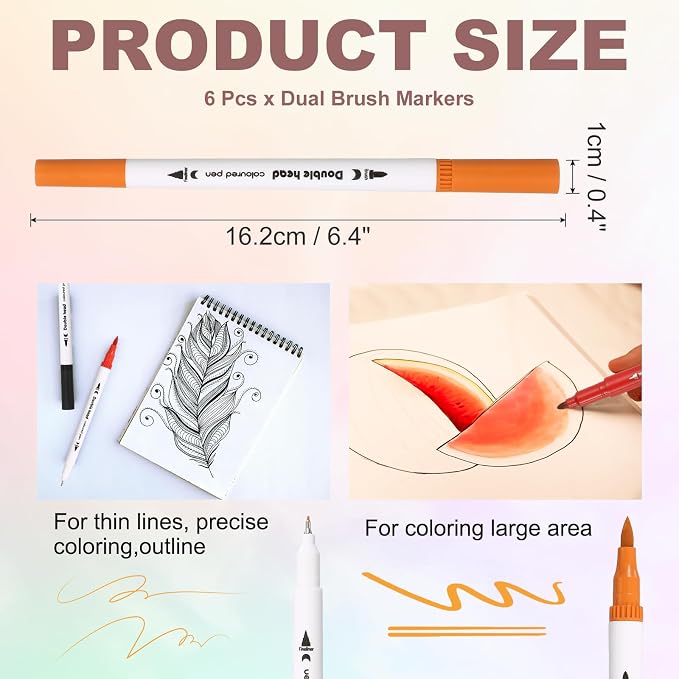 PATIKIL 6Pack Dual Brush Markers, Orange Watercolor Fine and Brush Tips Pens Colored Marker Calligraphy Coloring Art Supplies Set for Coloring Book Illustration Sketching Journaling