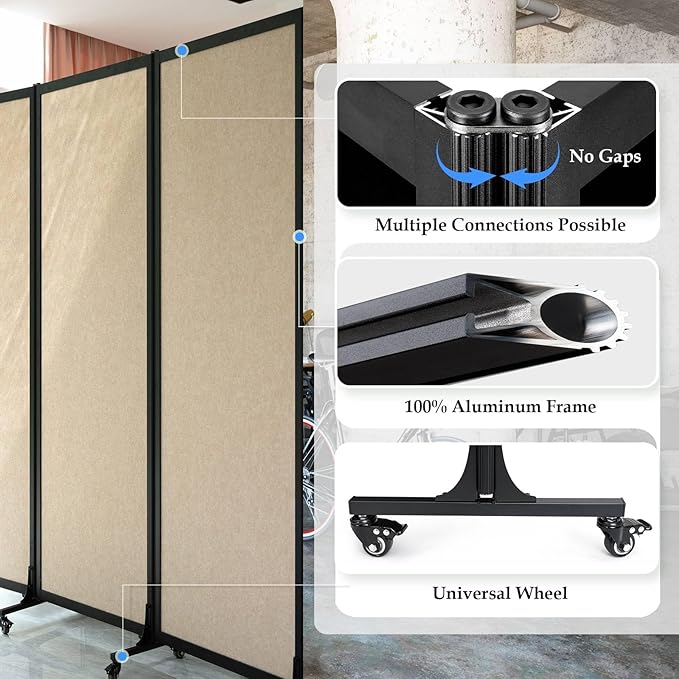 Upgrade Version Room Partition and Divider, Freestanding Rolling Dividers with Wheels,Office Privacy Screen Divider Wall,Classroom Felt Dividers,6'L* 6'7"H,3 Panel,Beige