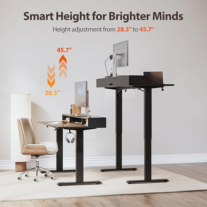 Agilestic Glass Standing Desk with Storage, 48 Inch Electric Adjustable Desk with Glass Shelf, Sit Stand Up Home Office Computer Table, Splice Board, Dark Walnut