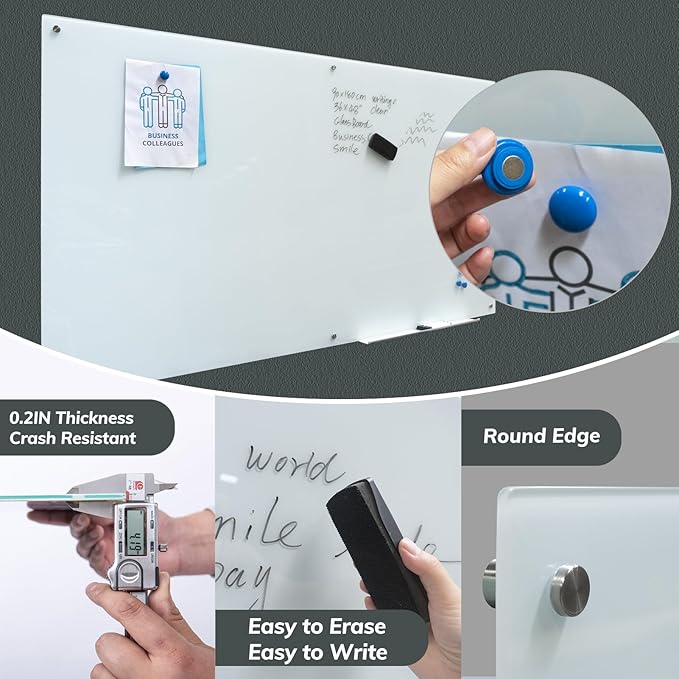 Magnetic Glass Dry Erase Board Frameless Wall Mounted White Board 40 * 72 WritingBoard Large Glass Board for Office School Home Accessory Tray, 3 Dry Erase Marker,4 Magnets and 1 Magnetic Eraser