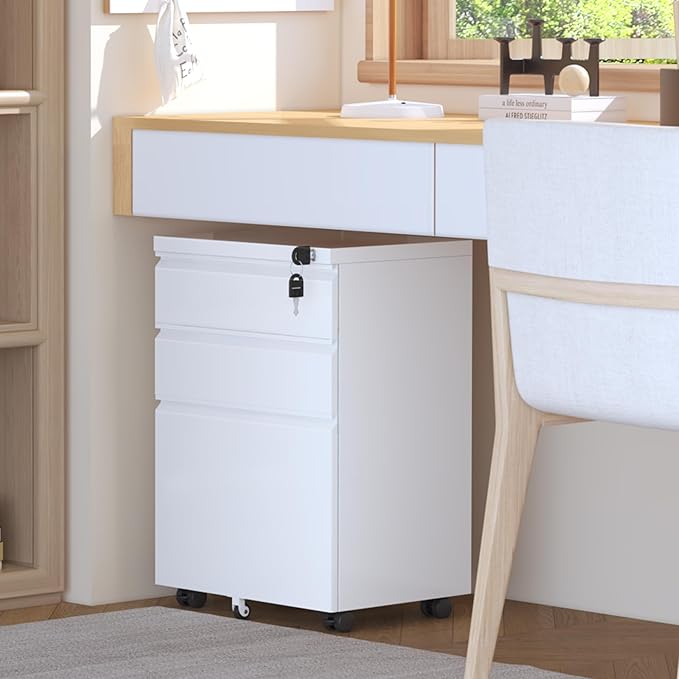 INTERGREAT 3 Drawer Mobile File Cabinet with Lock, Metal Filing Cabinets for Home Office, Rolling Under Desk Organizer for Letters/Legal/A4, (Fully Assembled-White)
