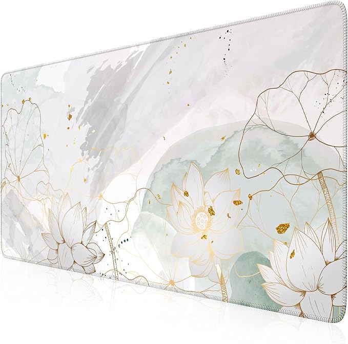 iCasso Desk Cover Mat, Extra Large Lotus Mouse Pad, Desk Pad Mat,Office Matt for Desktop Protector, Anti-Slip XXL Big Mousepad with Stitched Edges for Laptop Computer Keyboard(Green Lotus Leaf)