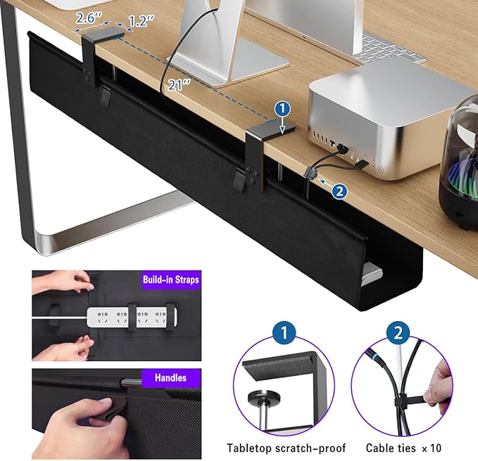 Under Desk Cable Management Tray 36" - No Drill Computer Wire Organizer Cable Tray, Fabric Cord Hider Clamp Mount, Premium Fabric Cable Management Tray for Office, Home (Black/1set)