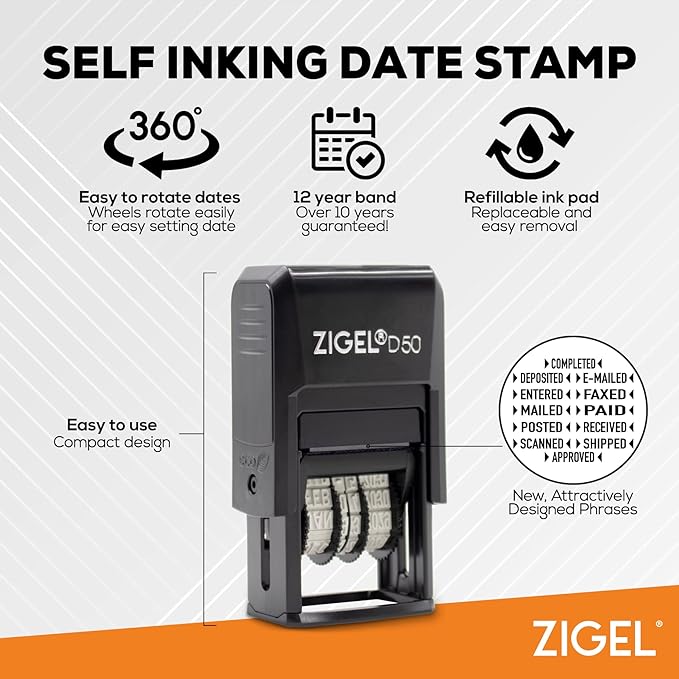 ZIGEL D50 Date Stamp with FAXED - Self Inking Date Stamp - Blue