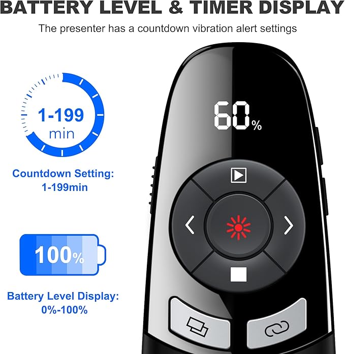 USB Type C Presentation Clicker with Battery & Timer Display, Wireless Presenter Remote PowerPoint Clikcer for Mac Computer