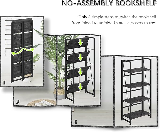 4NM No Assembly Folding Bookshelf Storage Shelves 4 Tiers Vintage Bookcase Standing Racks Study Organizer Home Office (Gray Black)