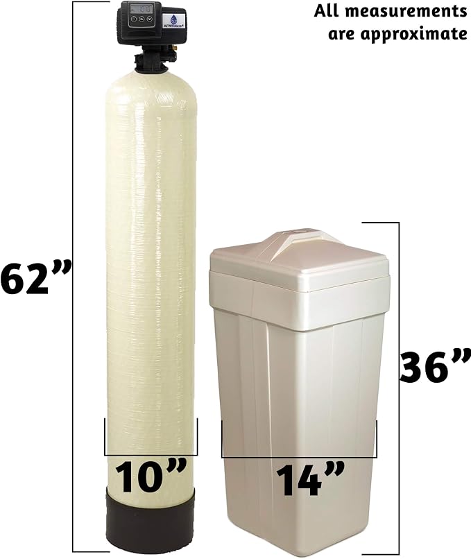AFWFilters 1.5 Cubic Foot (48k) Whole Home Water Softener with High Capacity Resin, 1" Stainless Steel FNPT Connection, and Almond Tanks