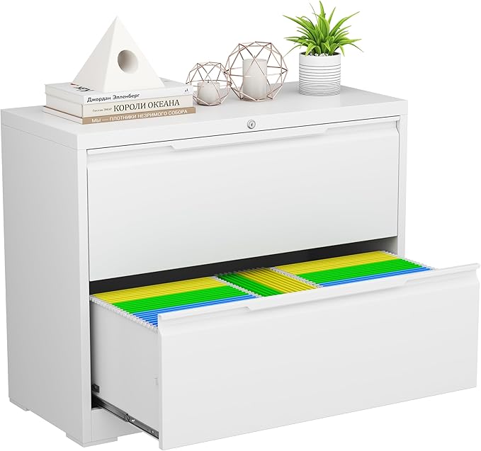 LONGLINK 2 Drawer Lateral File Cabinets with Lock,Metal Filing Cabinet for Home Office,Wide Office Storage Cabinet with Hanging Bars for A4 Legal/Letter Size(White-Easy Assembly)