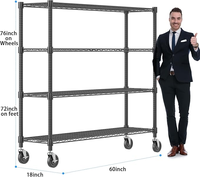 Homdox 4 Tier Heavy Duty Metal Wire Shelving with Wheels, 2400 lbs Capacity Garage Storage Rack, Rolling Industrial Storage, Adjustable Commercial Shelves for Kitchen, Warehouse, 18"x60"x72", Black