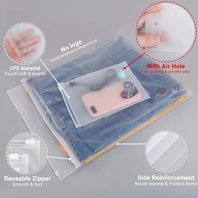 Svaldo Frosted Poly Plastic Bags - 200 Pack 14x16" Storage Clothes Zipper Packaging Bags, 3 Mil Clear Thick Ziplock for T-Shirts, Garment Packaging, Shipping, Mailing, Travel, Closet Organizer