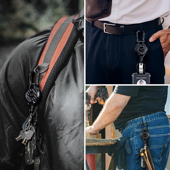 MNGARISTA 2-Pack Retractable Keychain, Heavy Duty 10 OZ Retraction 3K Carbon Fiber ID Badge Reel, Carabiner Badge Holder Hook Upgraded 31.5" Stainless Steel Cord Lanyard with Clip Strap and Key Ring