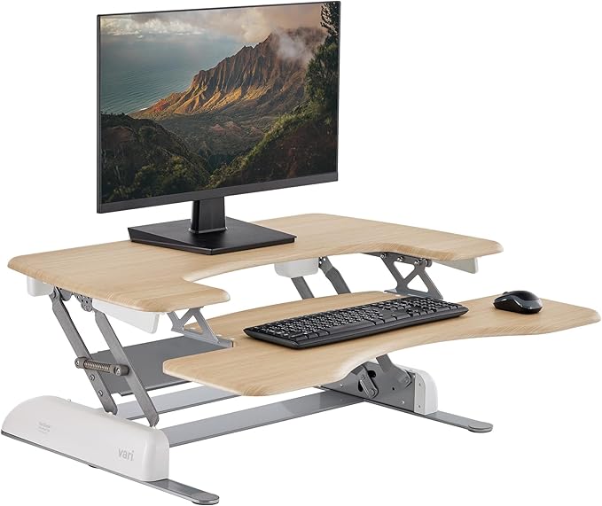 Vari VariDesk Pro Plus 36 Standing Desk Converter – 11 Height Settings + Spring Lift, 2 Tier Design, Keyboard Tray, Fits Desktops 36” Wide x 26.5" Deep – Delivers Fully Assembled (Light Wood)