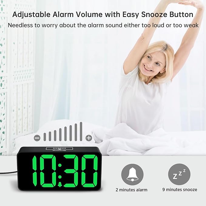 DreamSky Small Digital Alarm Clock for Bedroom, Large Big Numbers Display with Brightness Dimmer, Electric Bedside Desk Clock with USB Charging Port, Adjustable Alarm Volume, USB-C Adapter Powered