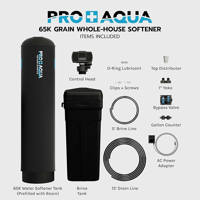 PRO+AQUA Heavy Duty Whole House Water Softener System – 65,000 Grain Capacity, Premium Long-Lasting Resin, 1" Ports