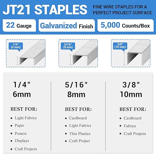 meite JT21 Staples, 5/16 Inch Galvanized Fine Wire Staples for Staple Gun - 7/16" Crown JT21 Staple Refill, Ideal for Upholstery, Crafts, Furniture (1 Case)