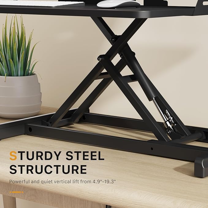JOY worker Standing Desk Converter, 35" Wide Height Adjustable Sit Stand Up Desk Riser with Keyboard Tray, Desktop Workstation Riser for Home Office Computer Laptop, Particle Board, Black