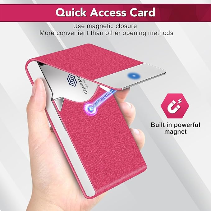 Business Card Holder with Ultra Slim Design, Business Card Case with Premium PU Leather, Suit Pocket Metal Card Holder for Women/Men, Magnetic Closure Quick Access Cards