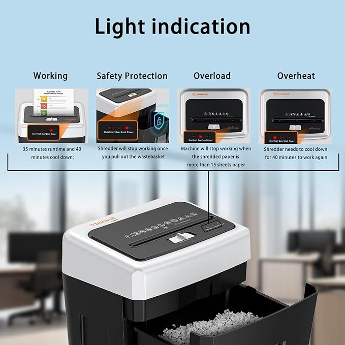Bonsaii 15-Sheet Cross-Cut Paper Shredder, Heavy-Duty Office Use, 35-Min Continuous Runtime, P-4 Security Level, Anti-Jam, Shreds CDs & Cards, 4.8-Gallon Pullout Wastebasket